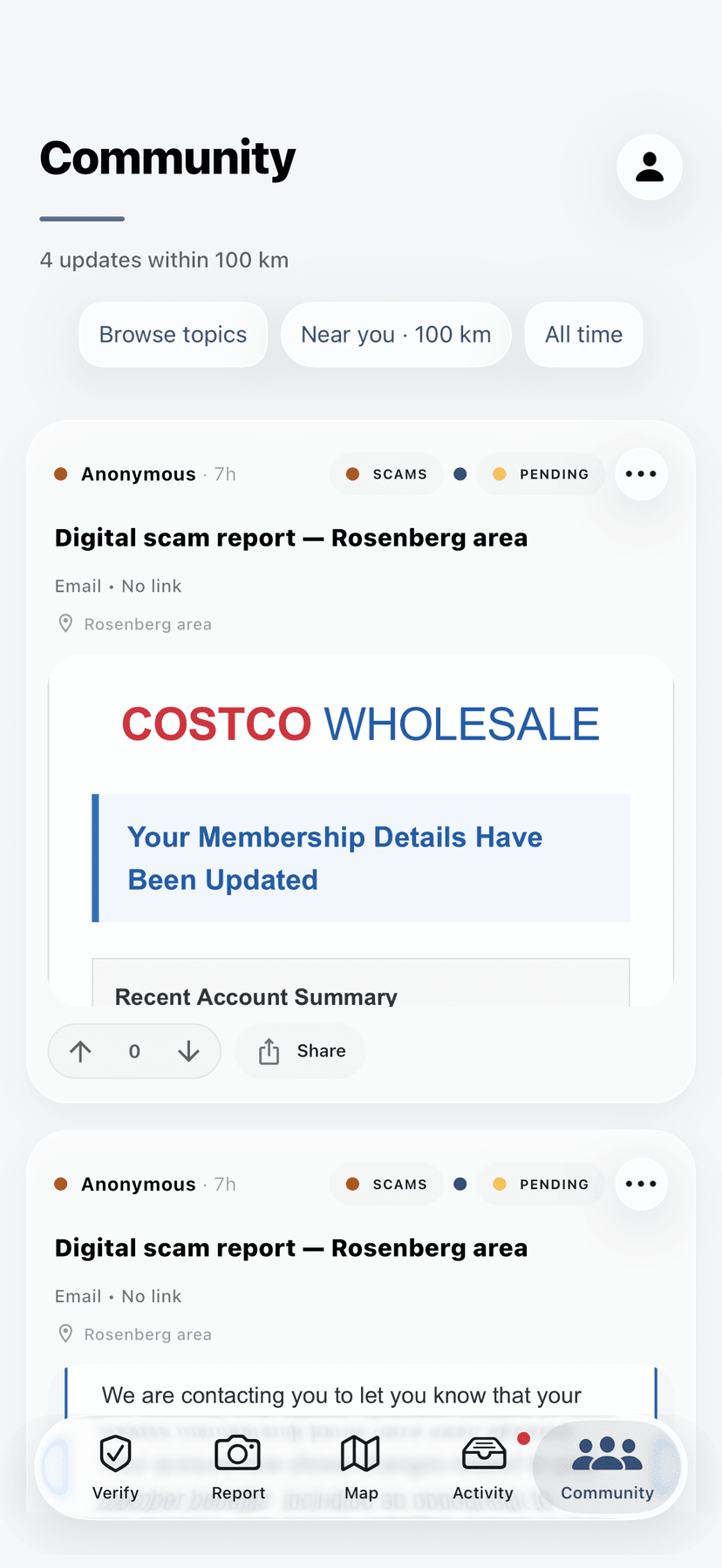 Community — stay aware of relevant reports nearby