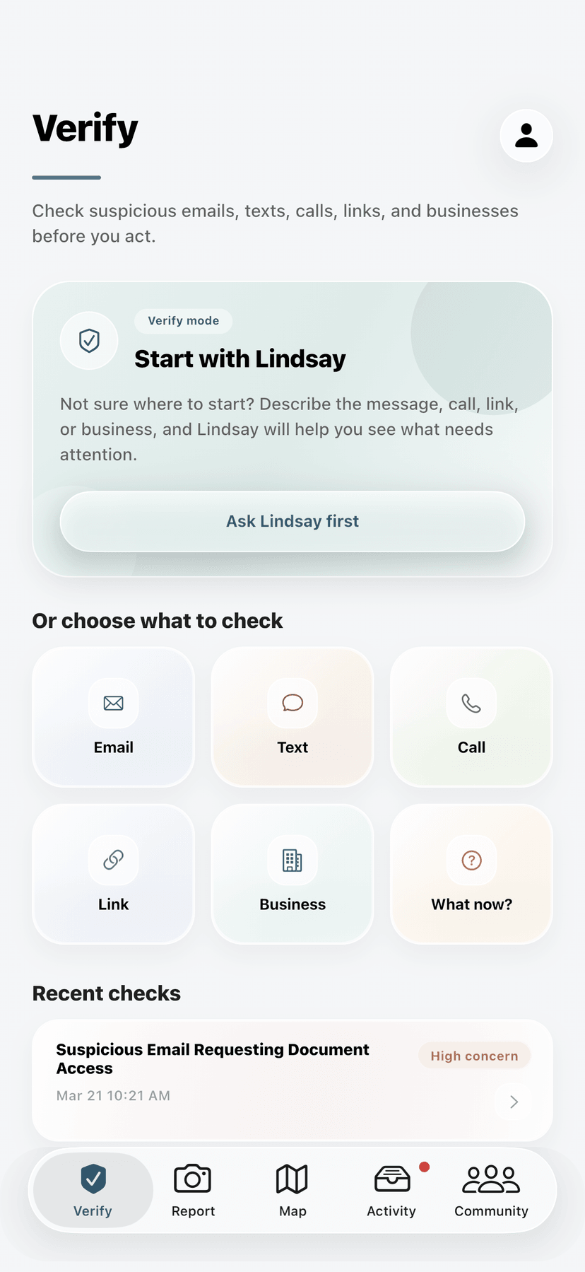 Red Sentinel Verify screen — check emails, texts, calls, links, and businesses